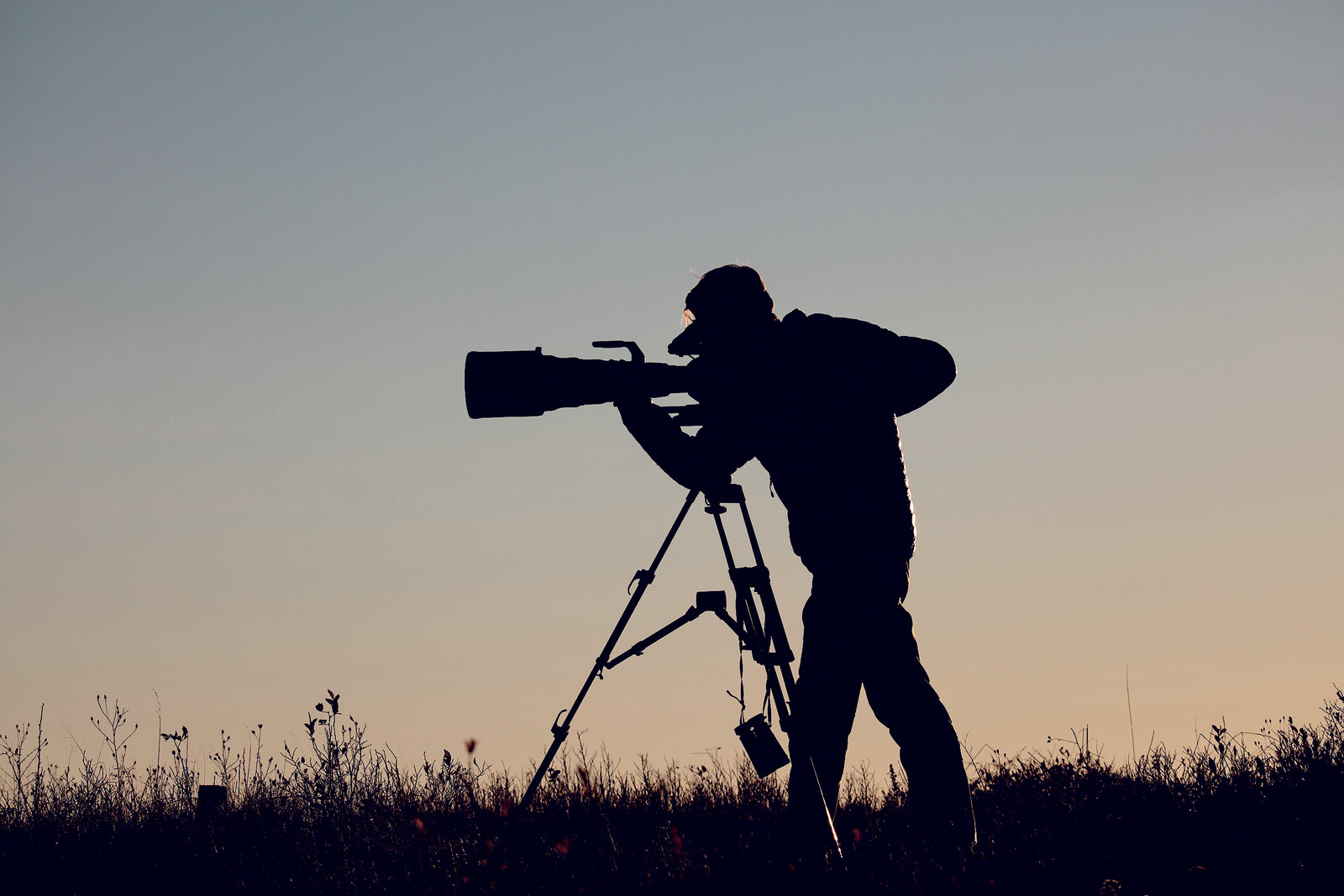 Silhouette of a photographer with a telephoto lens at dusk, graded with the Muted Journal preset